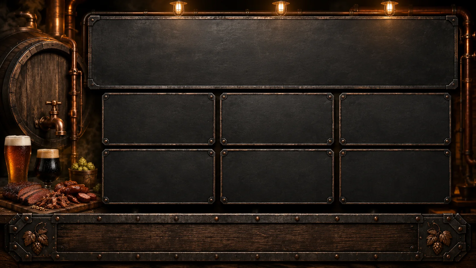 Editable industrial taproom menu layout with a tap-list banner and six content panels