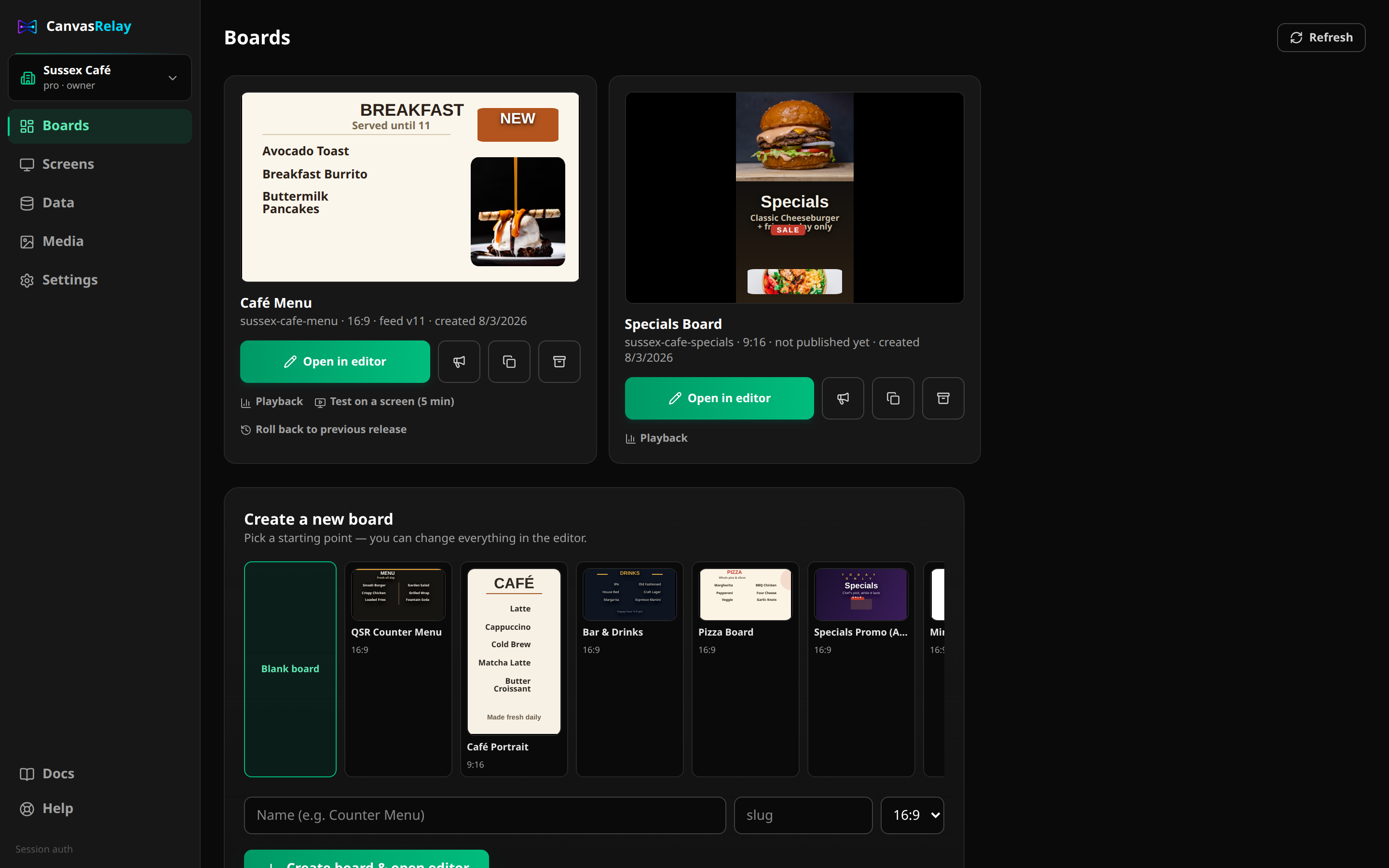 The real Canvas Relay Boards dashboard with live board previews