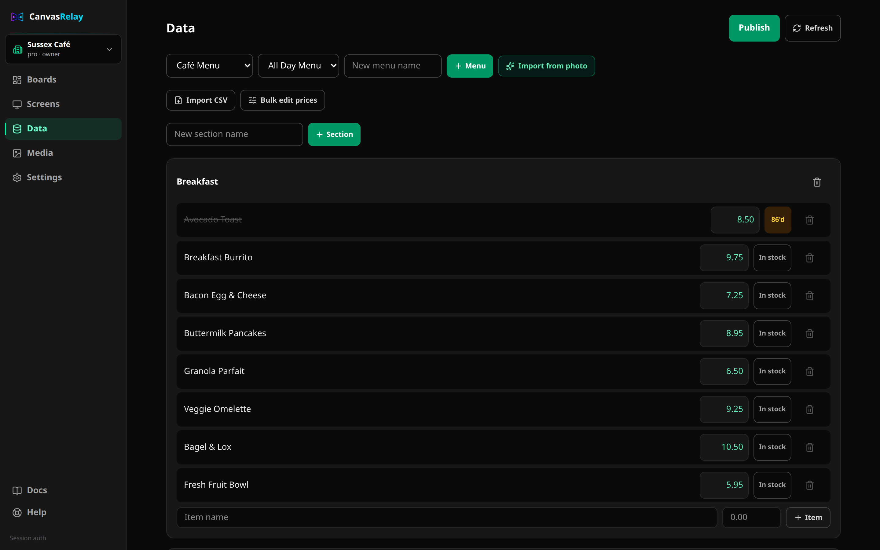 The real Canvas Relay data panel with linked menu and product records