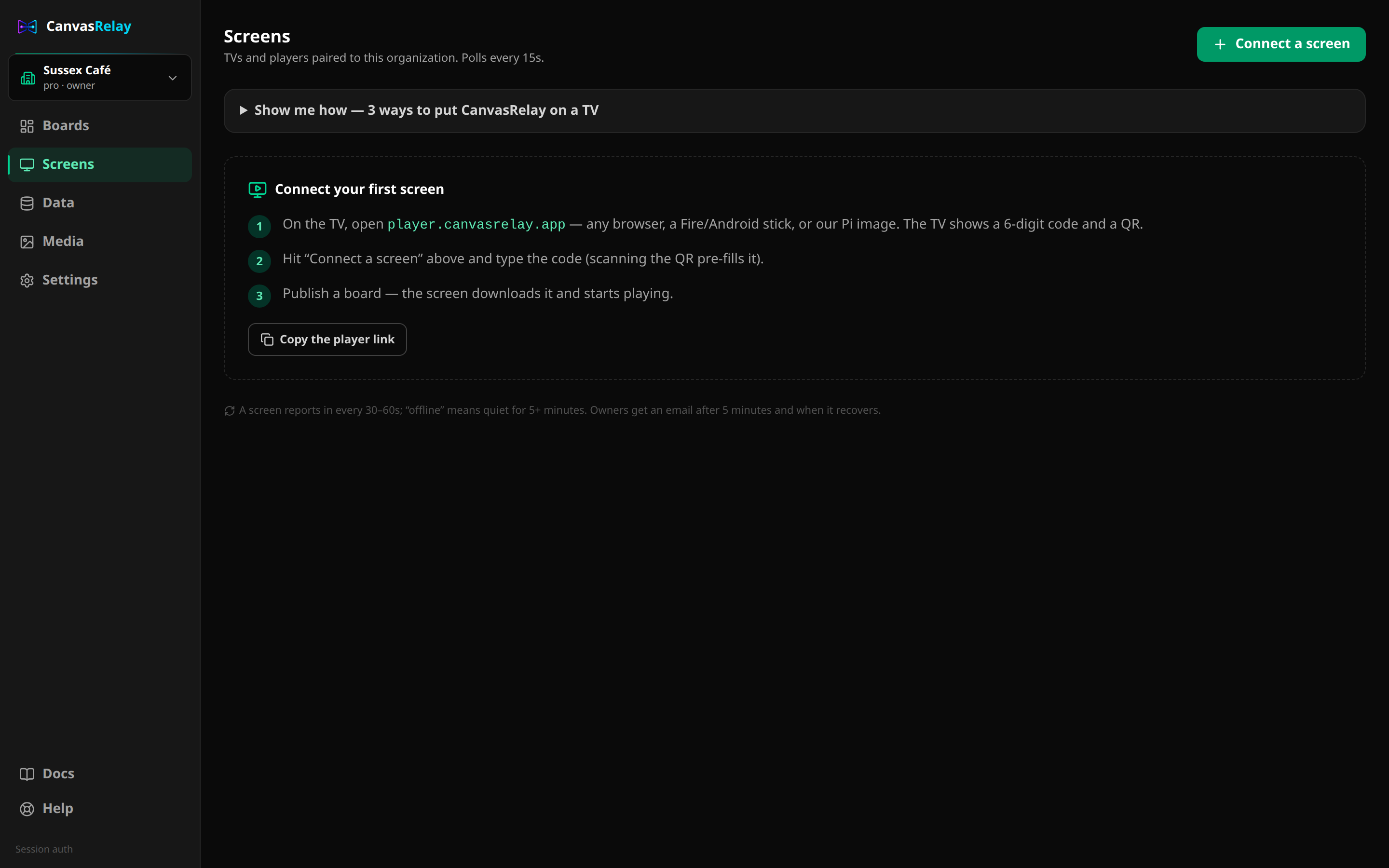 Canvas Relay fleet dashboard showing screen health and deployment state